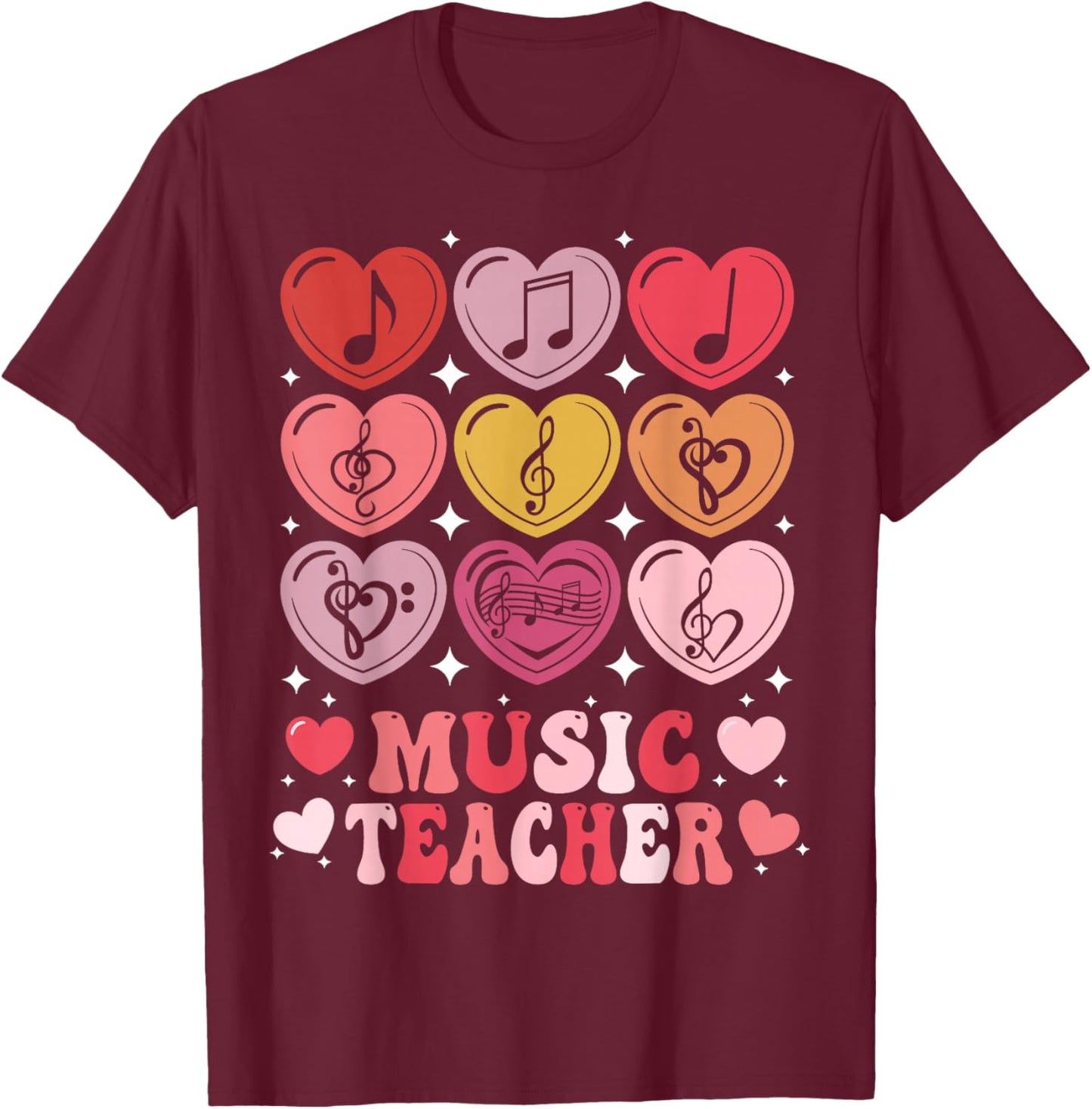 Music Teacher Valentine's Day Musical Notes Hearts Musician T-Shirt - T-Shirt | Maroon