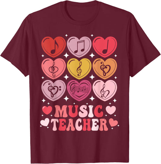 Music Teacher Valentine's Day Musical Notes Hearts Musician T-Shirt - T-Shirt | Maroon