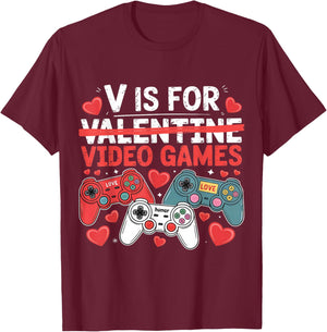 V is for Video Games Funny Valentines Gamer T-Shirt - T-Shirt | Maroon