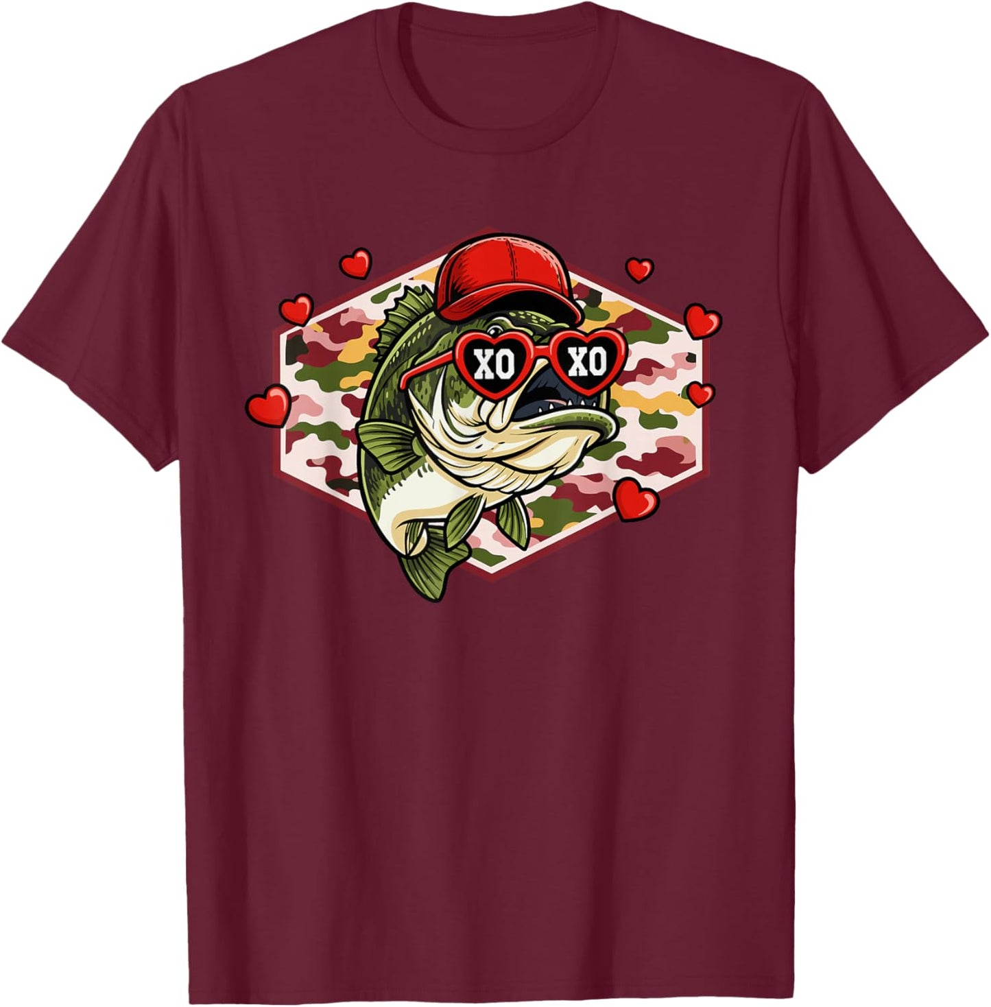 Men Boys Retro Valentines Fishing XOXO Camo Bass T-Shirt - T-Shirt | Maroon