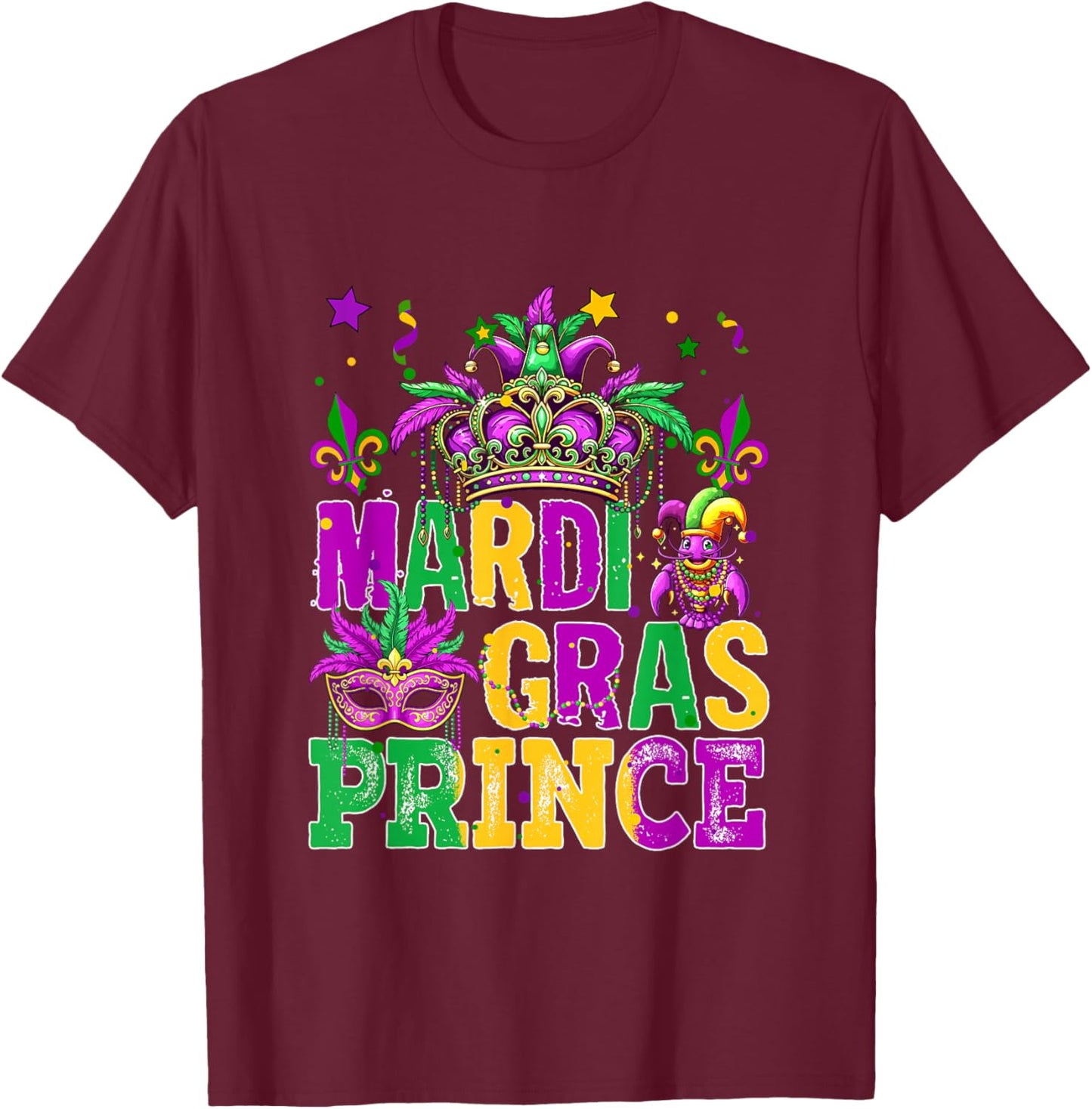 Mardi Gras Prince Cute Crown Masked Matching Kids Girls T-Shirt - T-Shirt | Maroon