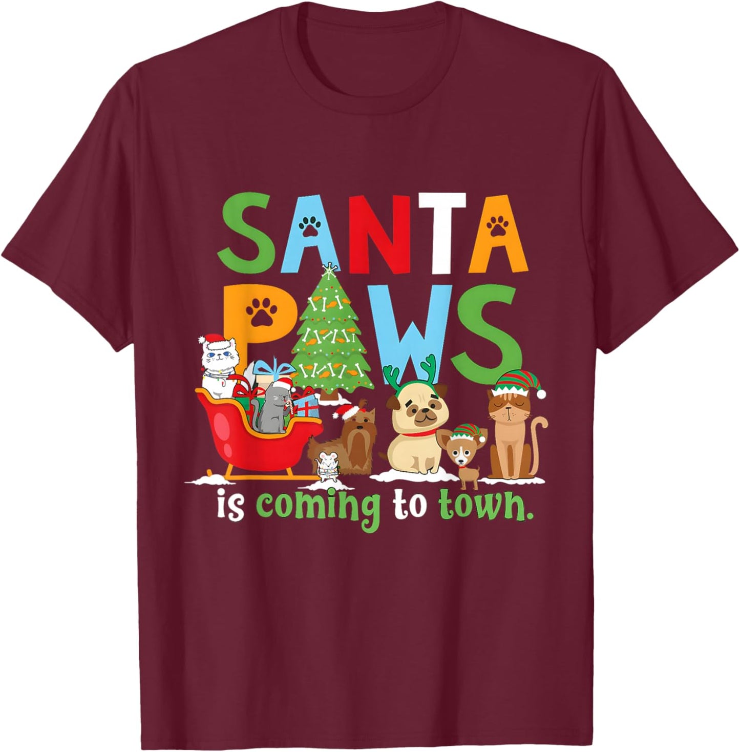 Santa Paws is Coming to Town Veterinarian Vet Tech Christmas T-Shirt - T-Shirt | Maroon