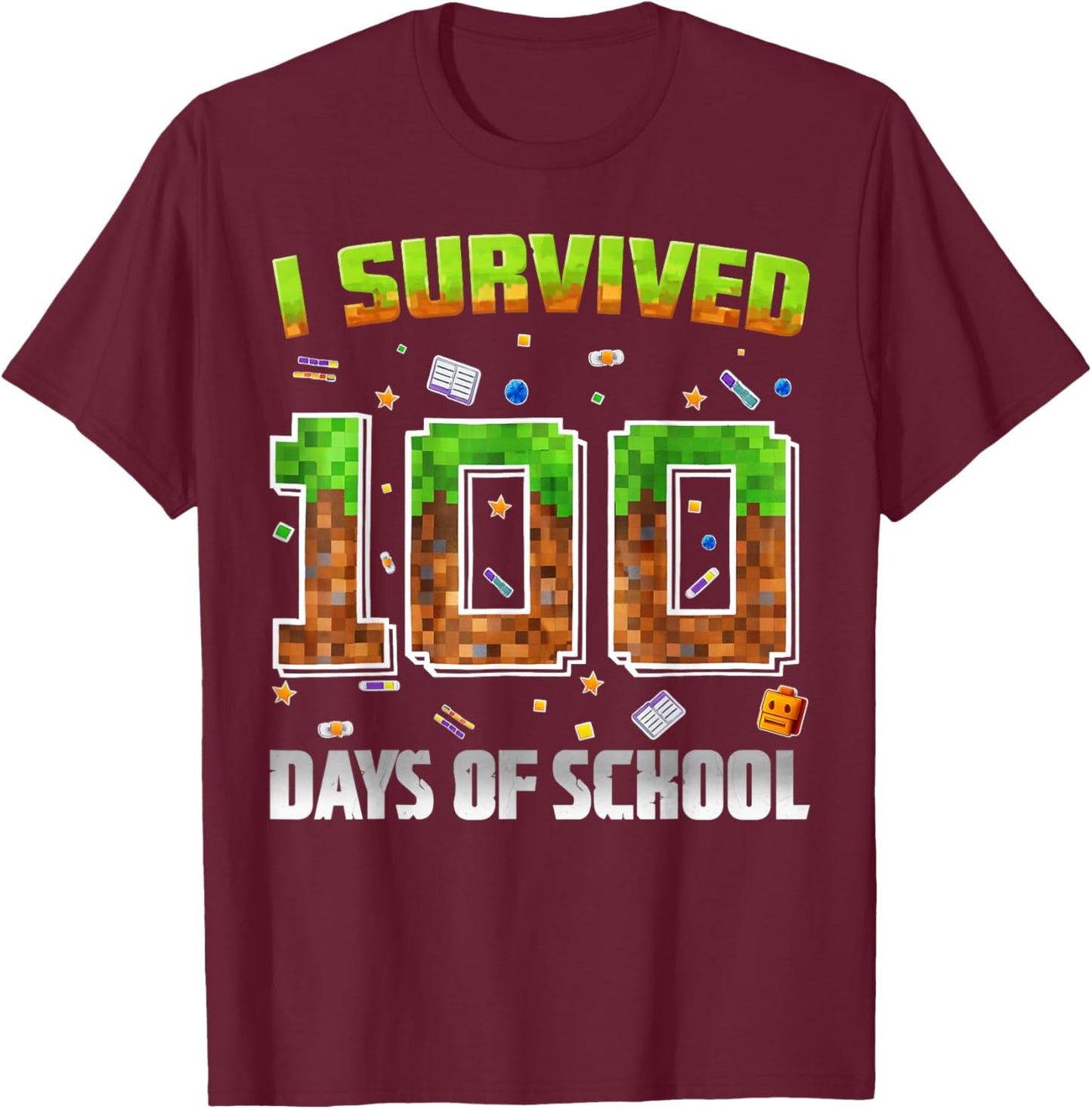 I Survived 100 Days of School Funny Pixel Gamer for Boy Kid T-Shirt - T-Shirt | Maroon