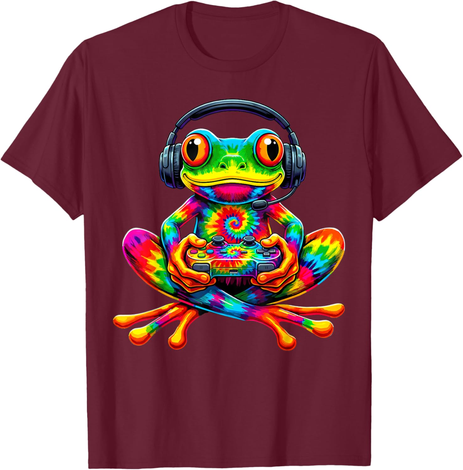 Tie-Dye Frog Gamer Peace Sign Hippie Funny Video Gaming T-Shirt - T-Shirt | Maroon