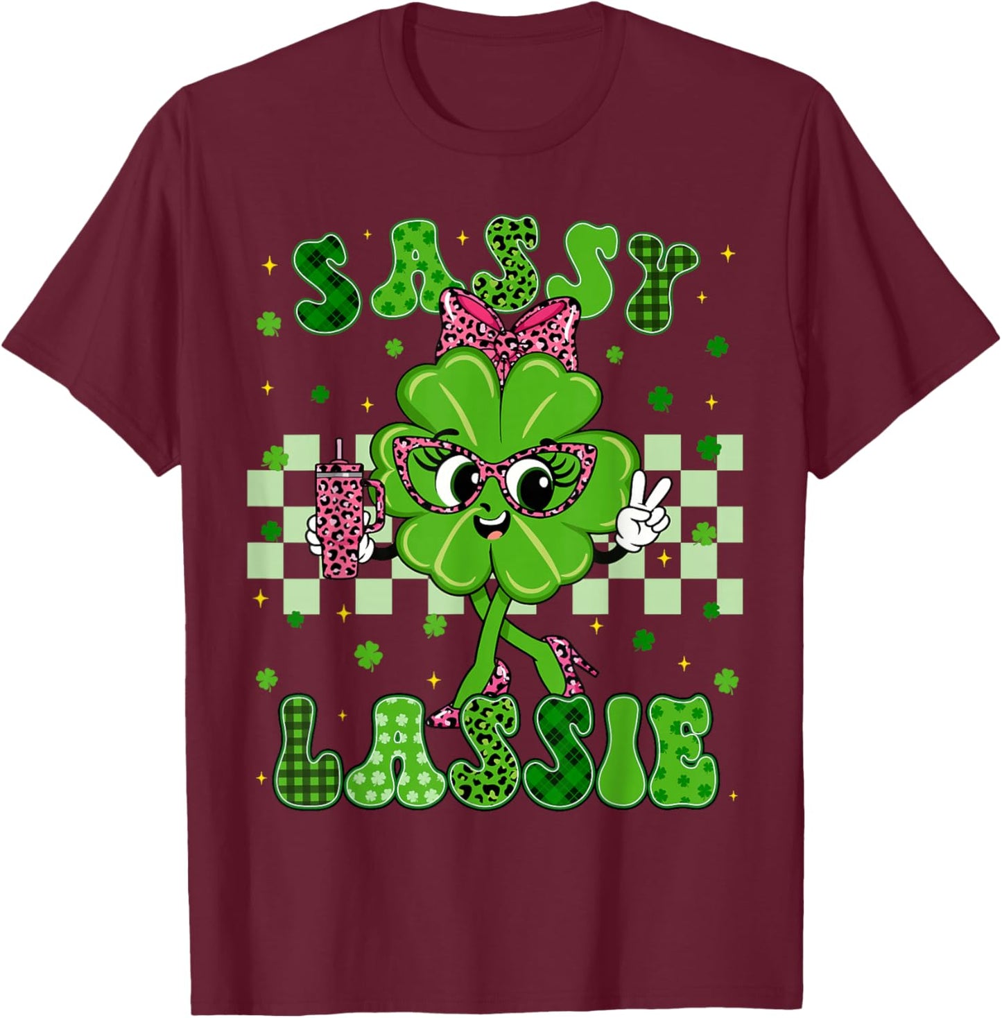 Funny Sassy Lassie Shamrock Leopard St Patricks Women Girl T-Shirt - T-Shirt | Maroon