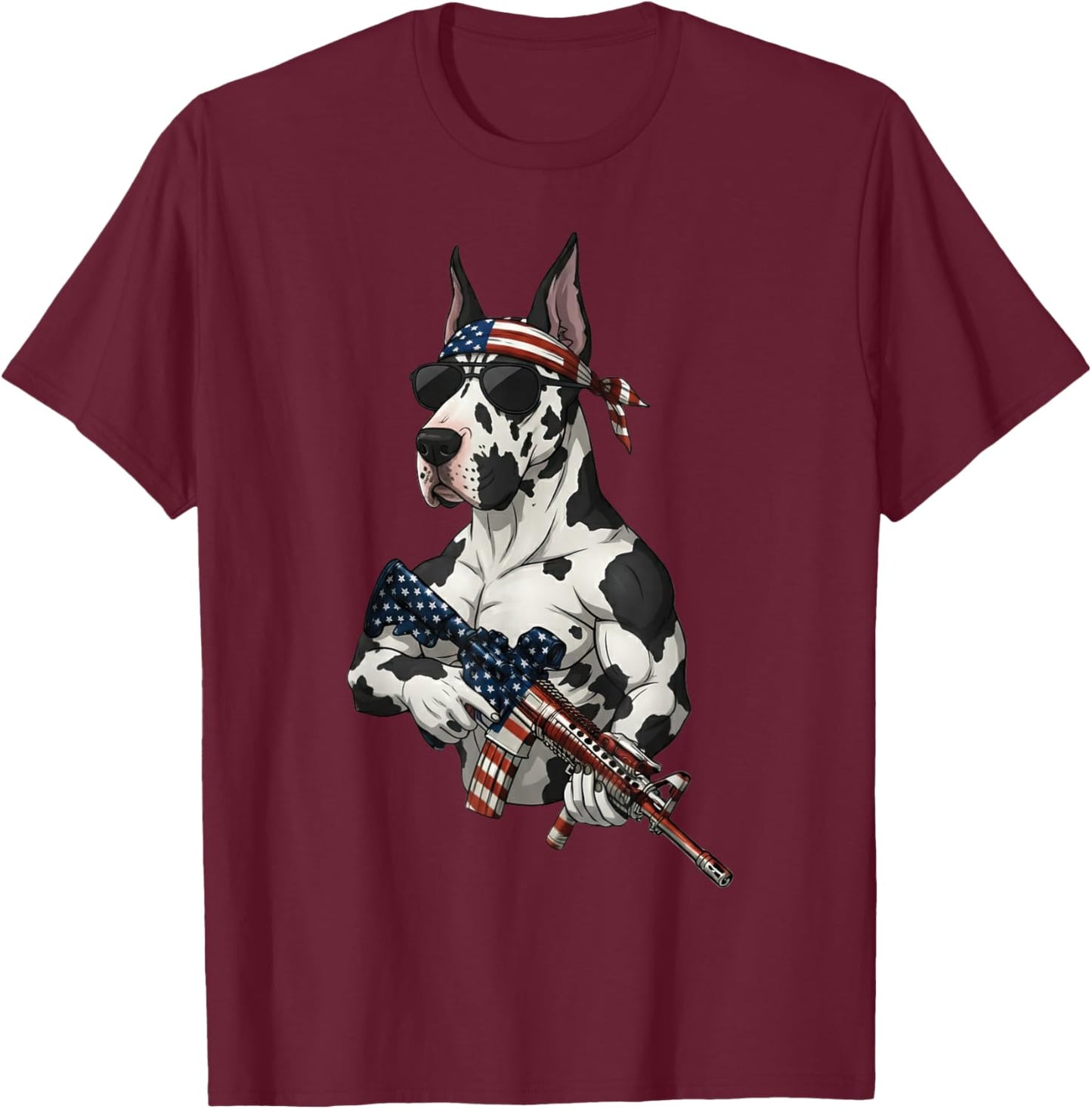 Funny Patriotic Great Dane with Rifle USA Flag Design T-Shirt - T-Shirt | Maroon