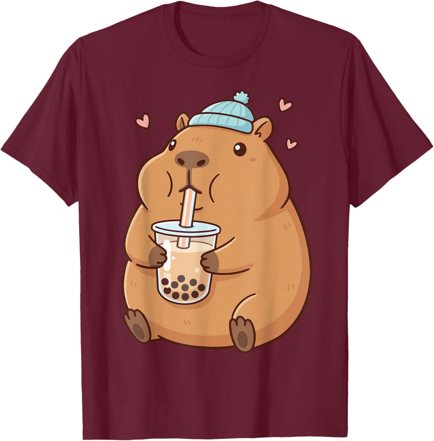 Cute Capybara Drinking Boba Bubble Tea T-Shirt - T-Shirt | Maroon