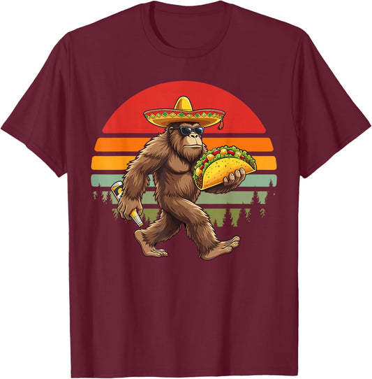 Sasquatch Bigfoot Taco Mexican Sombrero Sunset Retro Men T-Shirt - T-Shirt | Maroon