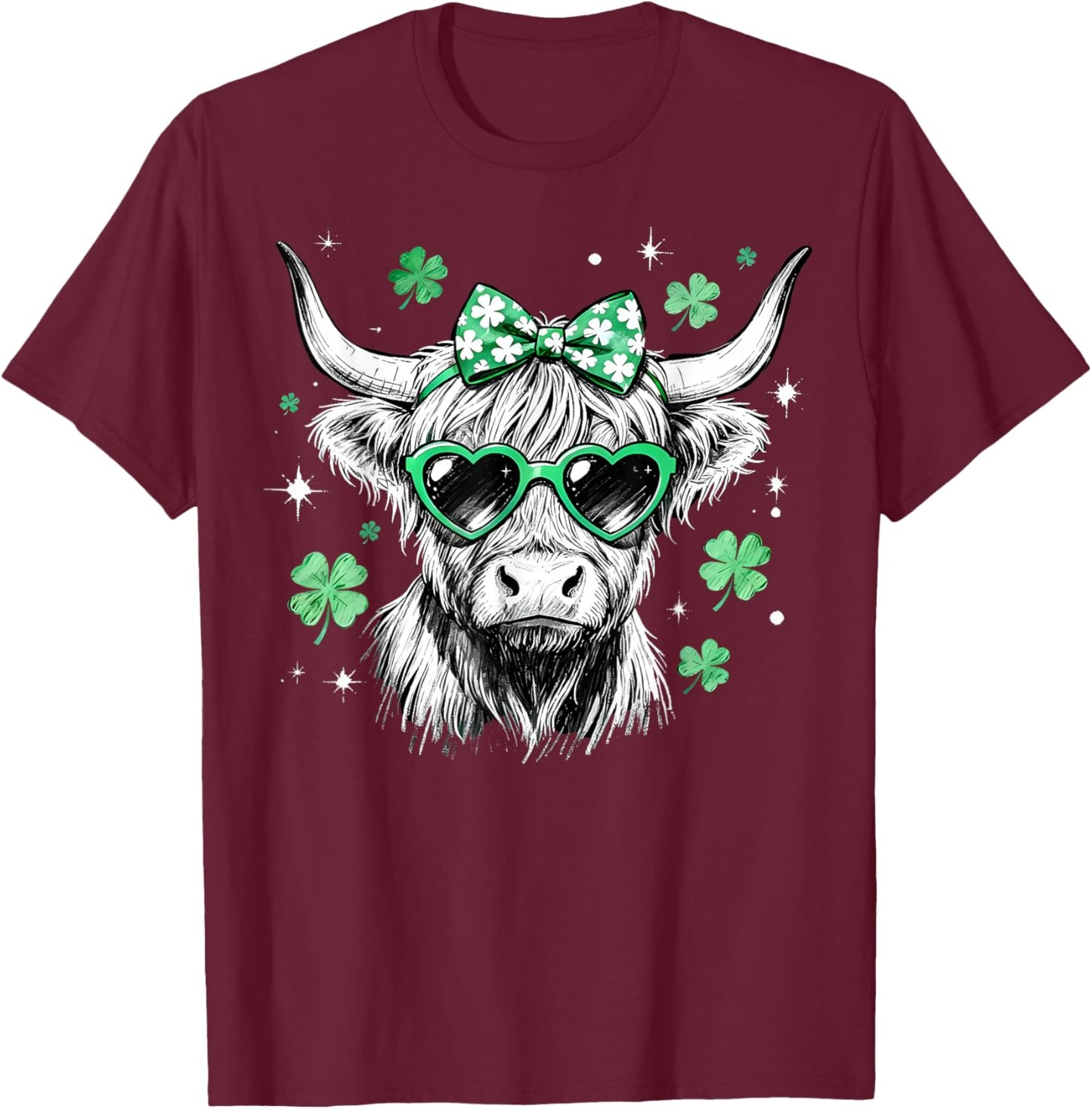 Highland Cow St Patrick's Day Coquette Bow Lucky Shamrock T-Shirt - T-Shirt | Maroon
