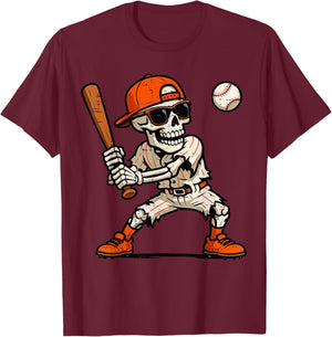 Funny Skeleton Playing Baseball Halloween Boys Men Kids T-Shirt - T-Shirt | Maroon