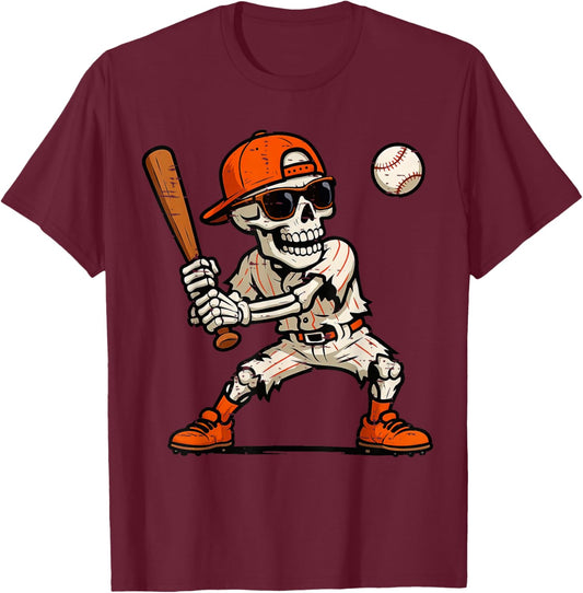 Funny Skeleton Playing Baseball Halloween Boys Men Kids T-Shirt - T-Shirt | Maroon