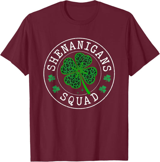 Shenanigans Squad Funny Leopard Clovers St Patrick Day T-Shirt - T-Shirt | Maroon