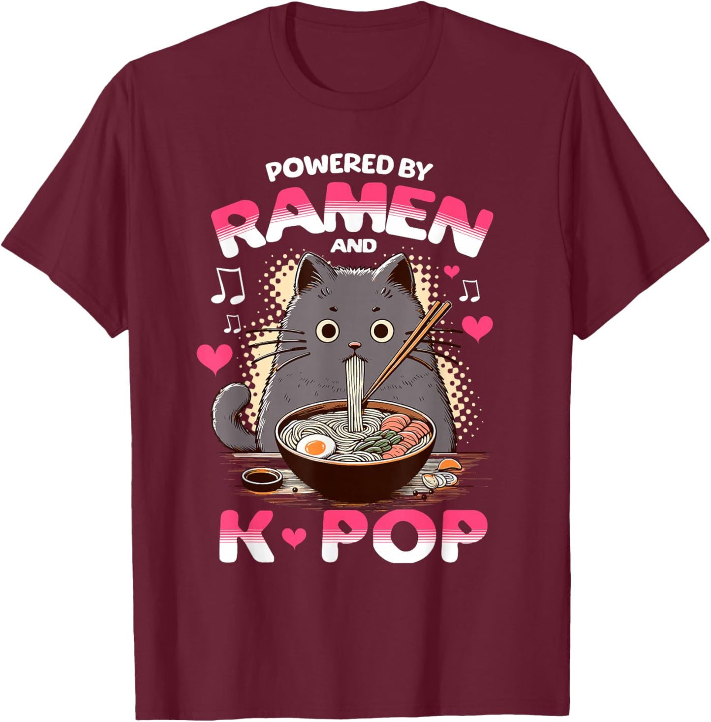 Powered by Ramen and K Pop Funny Anime Korean Music Manga T-Shirt - T-Shirt | Maroon