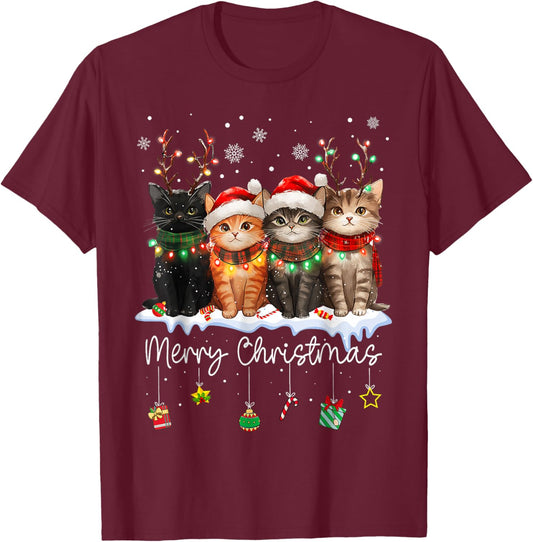 Cat Merry Christmas Light Reindeer Santa Christmas Cat Lover T-Shirt - T-Shirt | Maroon
