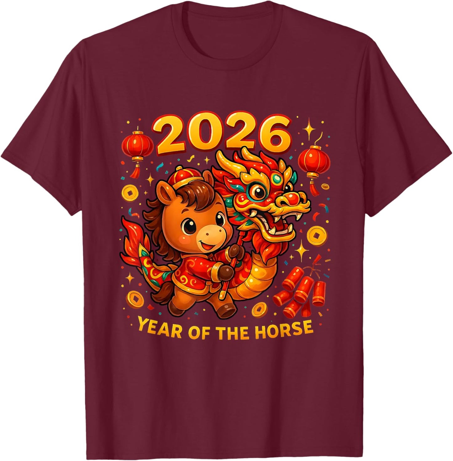 2026 Year of The Horse Cute Lunar Newyear Art T-Shirt - T-Shirt | Maroon