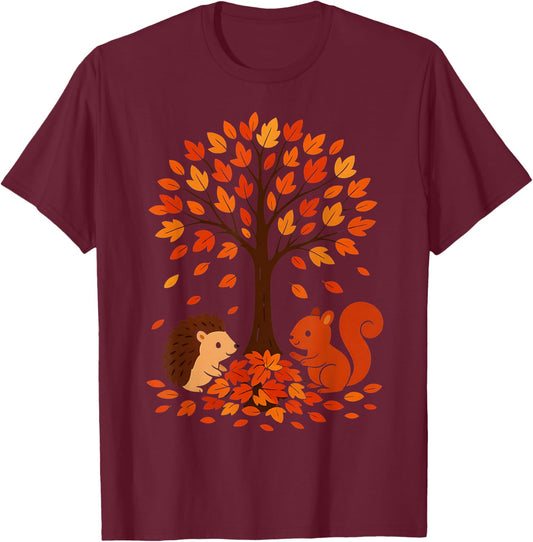 Autumn Fall Leaves Tree Forest Creatures Kids T-Shirt - T-Shirt | Maroon