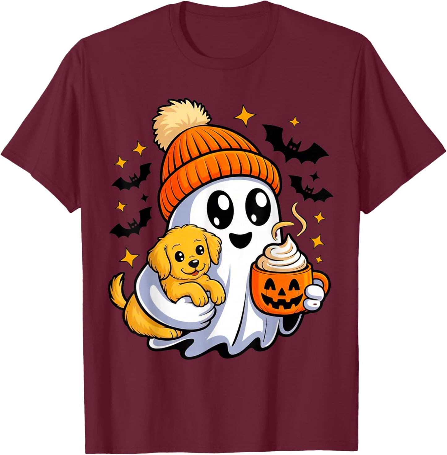 Cute Ghost Drinking Ice - Walking Dog Pug Coffee Halloween T-Shirt - T-Shirt | Maroon