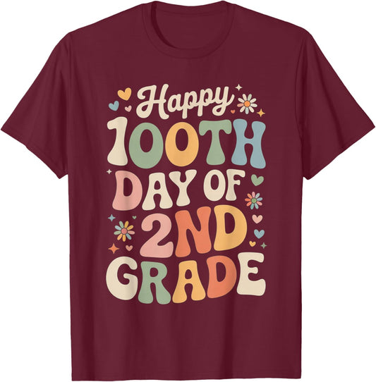 Happy 100th Day of 2nd Grade Hearts Flowers Teacher Kids T-Shirt - T-Shirt | Maroon