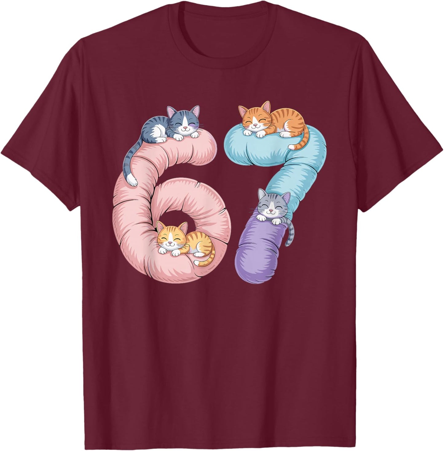 Cute 67 Cat Meme Design T-Shirt - T-Shirt | Maroon