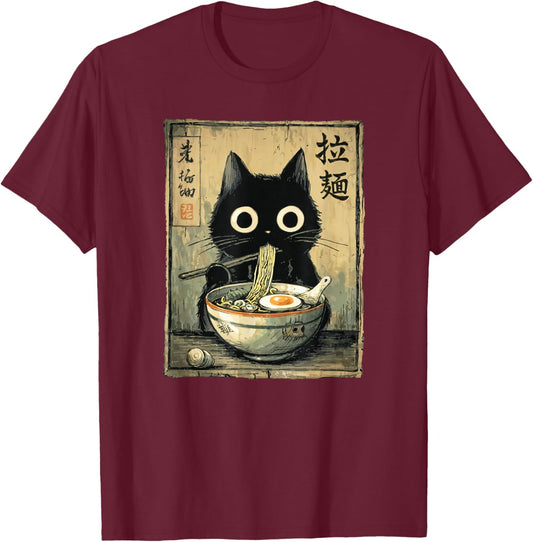 Kawaii Ramen Cat Retro Japanese Noodles Artwork T-Shirt - T-Shirt | Maroon