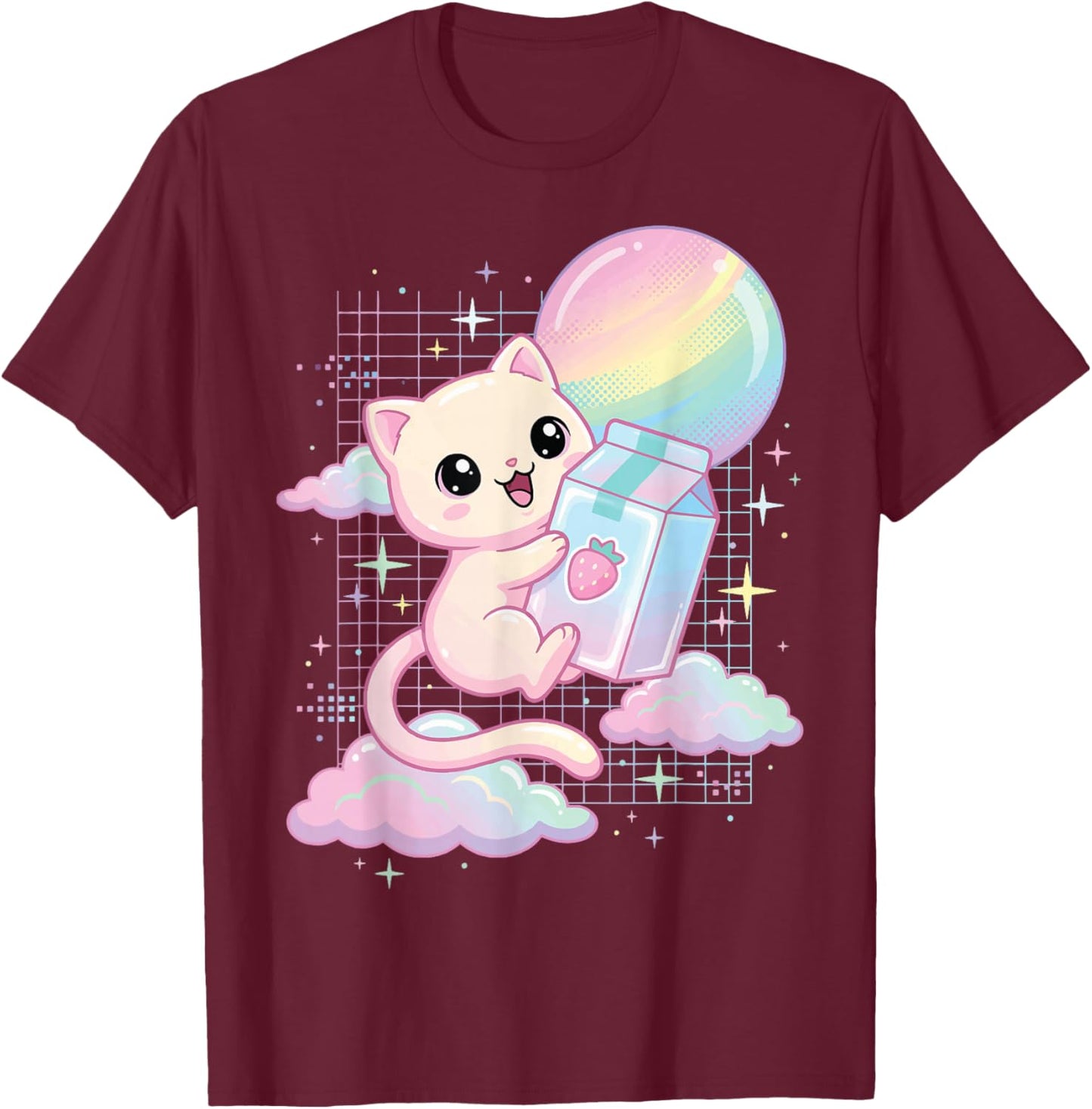 Kawaii Cat Strawberry Milk Aesthetic T-Shirt - T-Shirt | Maroon