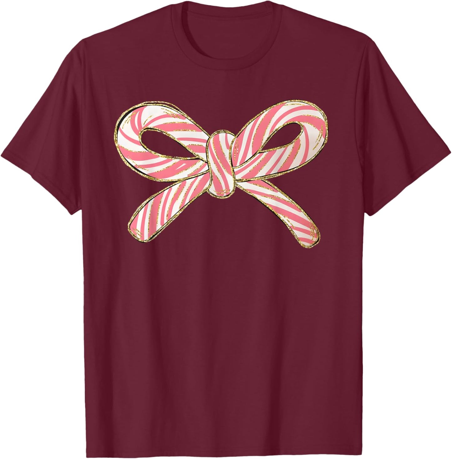 Candy Cane Coquette Bow Christmas Season Girls Retro T-Shirt - T-Shirt | Maroon