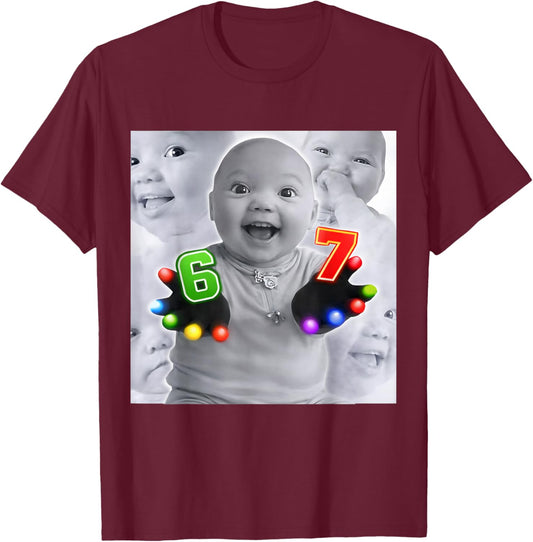 Gloving 67 Six Seven Niche Baby Funny AI Baby Meme T-Shirt - T-Shirt | Maroon