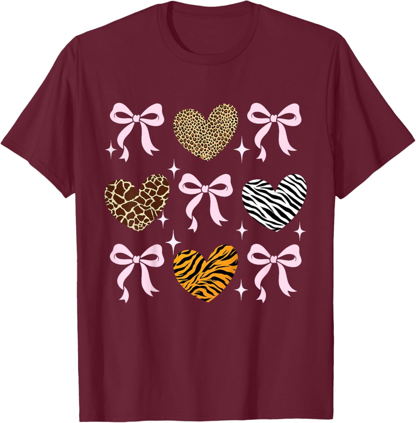 Girls Animal Print Bow Clothes Kids Cheetah Leopard Heart T-Shirt - T-Shirt | Maroon