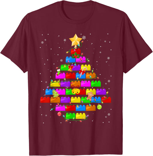 Merry Christmas PJS Blocks Building Christmas Tree Boys Kids T-Shirt - T-Shirt | Maroon