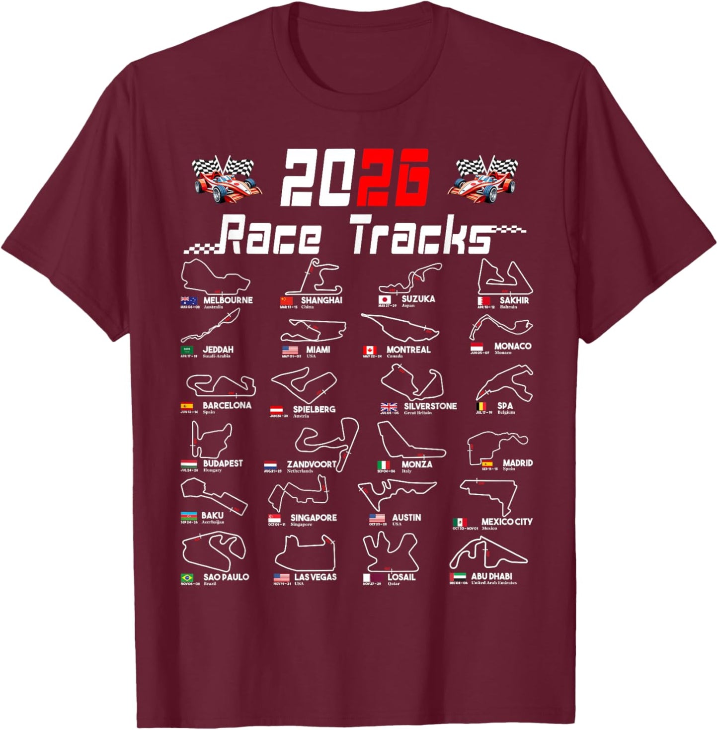2026 Motorsport Racing Car Schedule T-Shirt - T-Shirt | Maroon