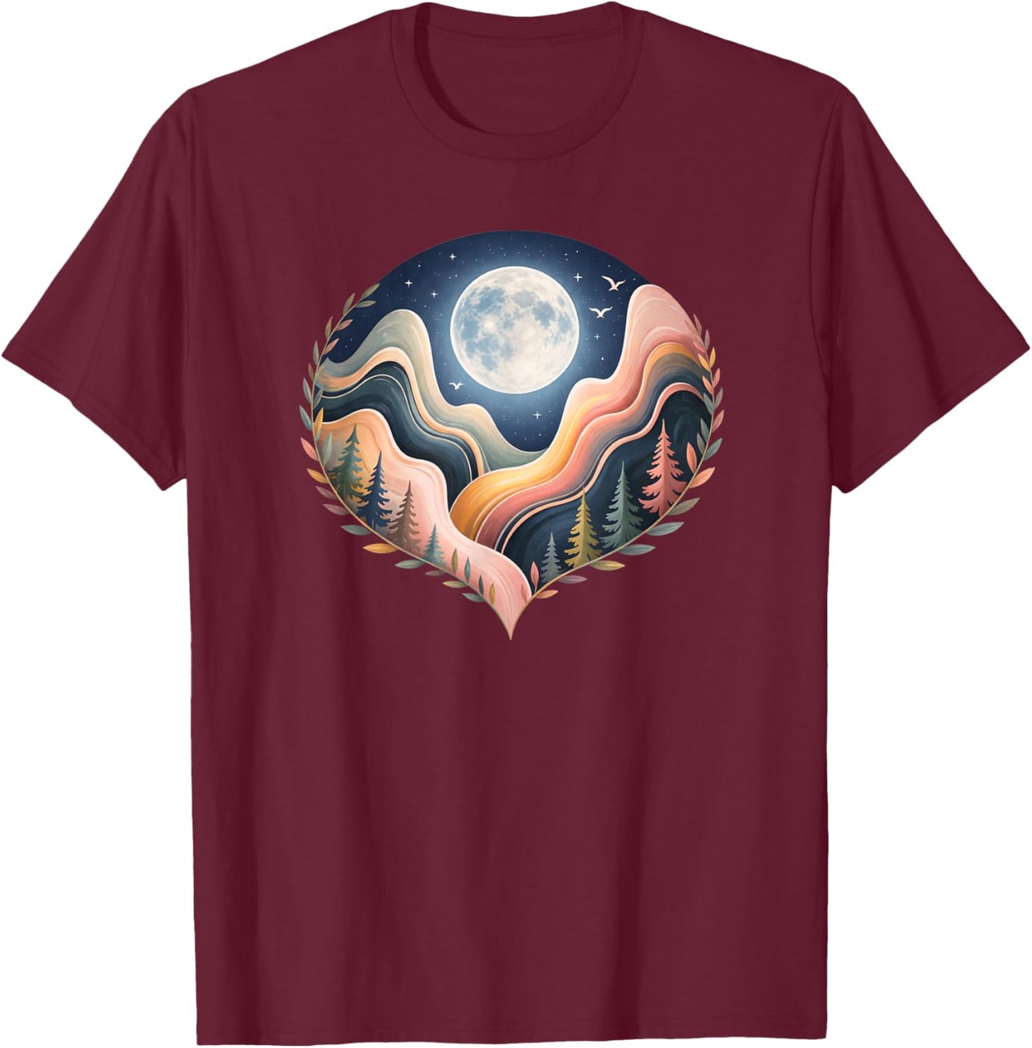 Heart-Shaped Nature Landscape Art, Scenic Moon T-Shirt - T-Shirt | Maroon
