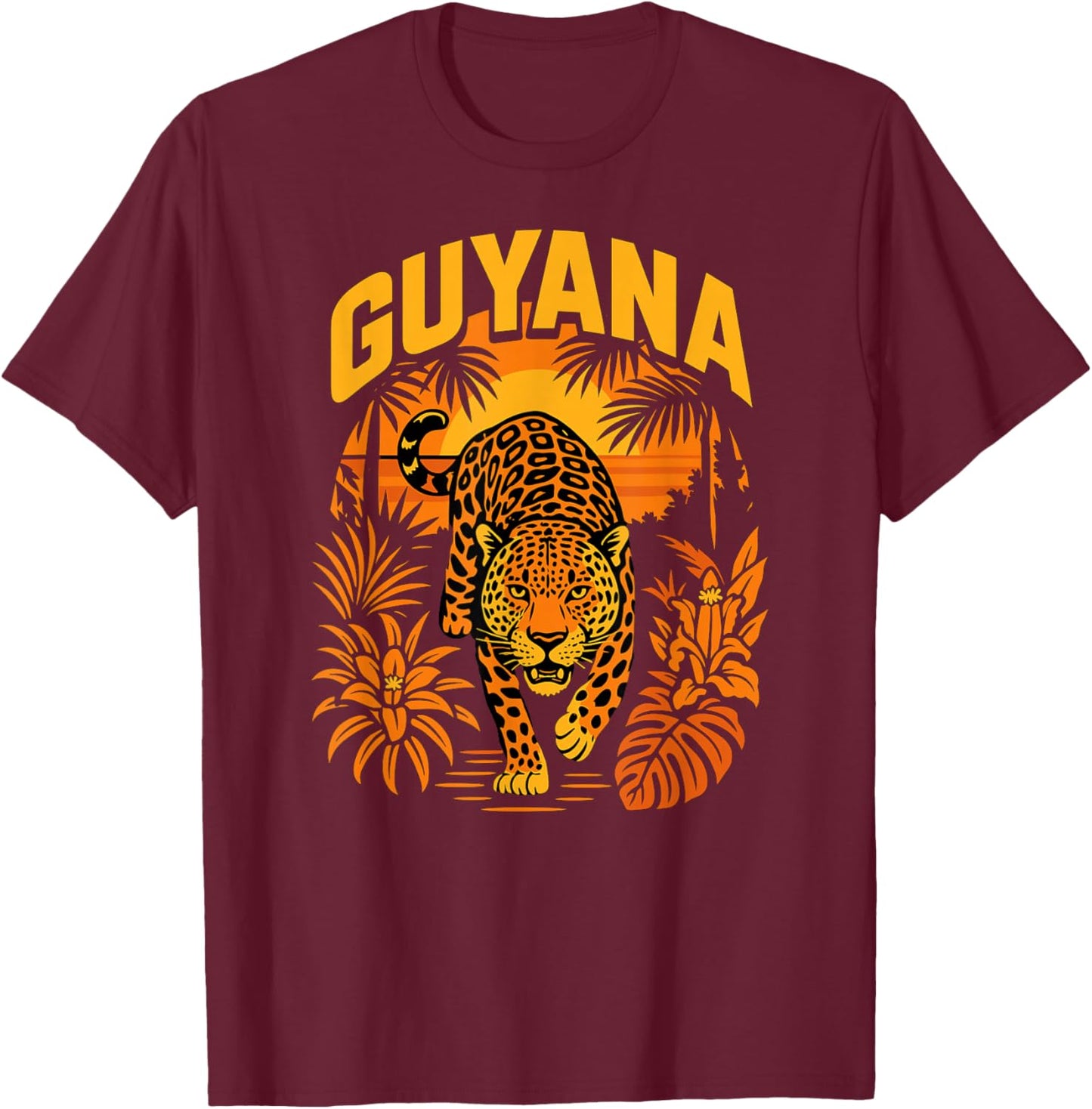 Guyana Jaguar, Sunset Jungle Cat, Tropical Wildlife Animal T-Shirt - T-Shirt | Maroon