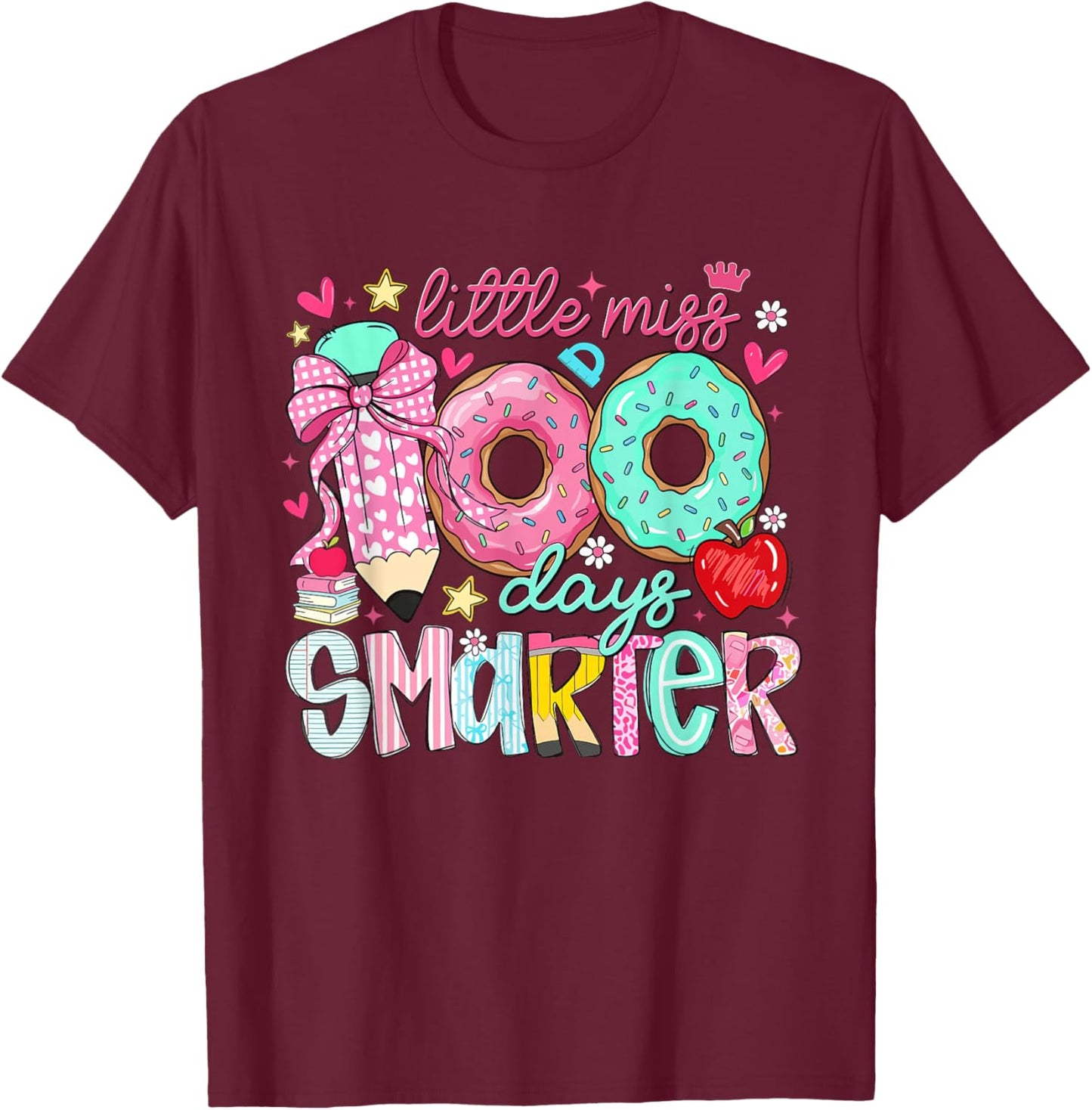 Little Miss 100 Days Smarter Girls Kids 100th Day of School T-Shirt - T-Shirt | Maroon
