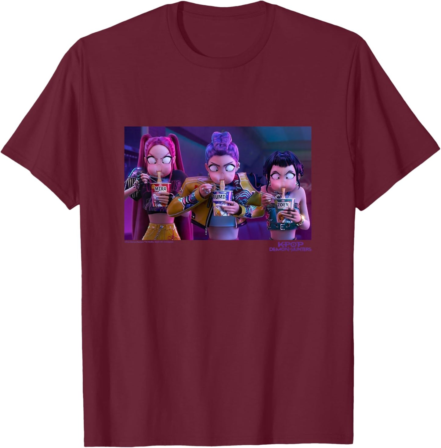Kpop Demon Hunters Halloween Mira Rumi & Zoey Eating Ramyeon T-Shirt - T-Shirt | Maroon