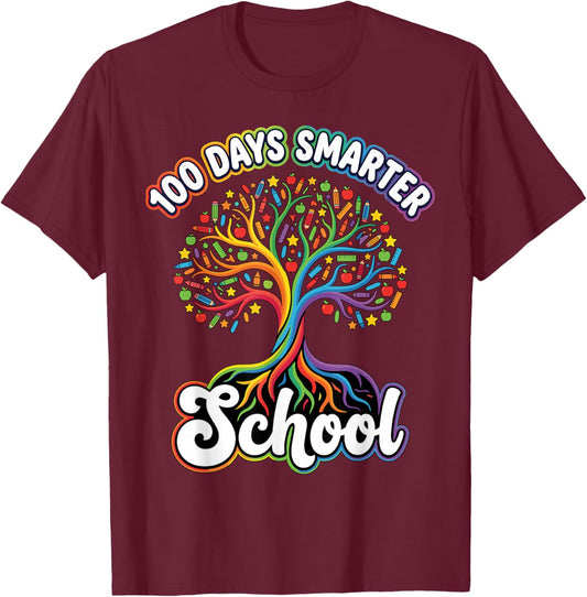 100 Days Smarter Tree 100th Day of School Teachers Kids T-Shirt - T-Shirt | Maroon