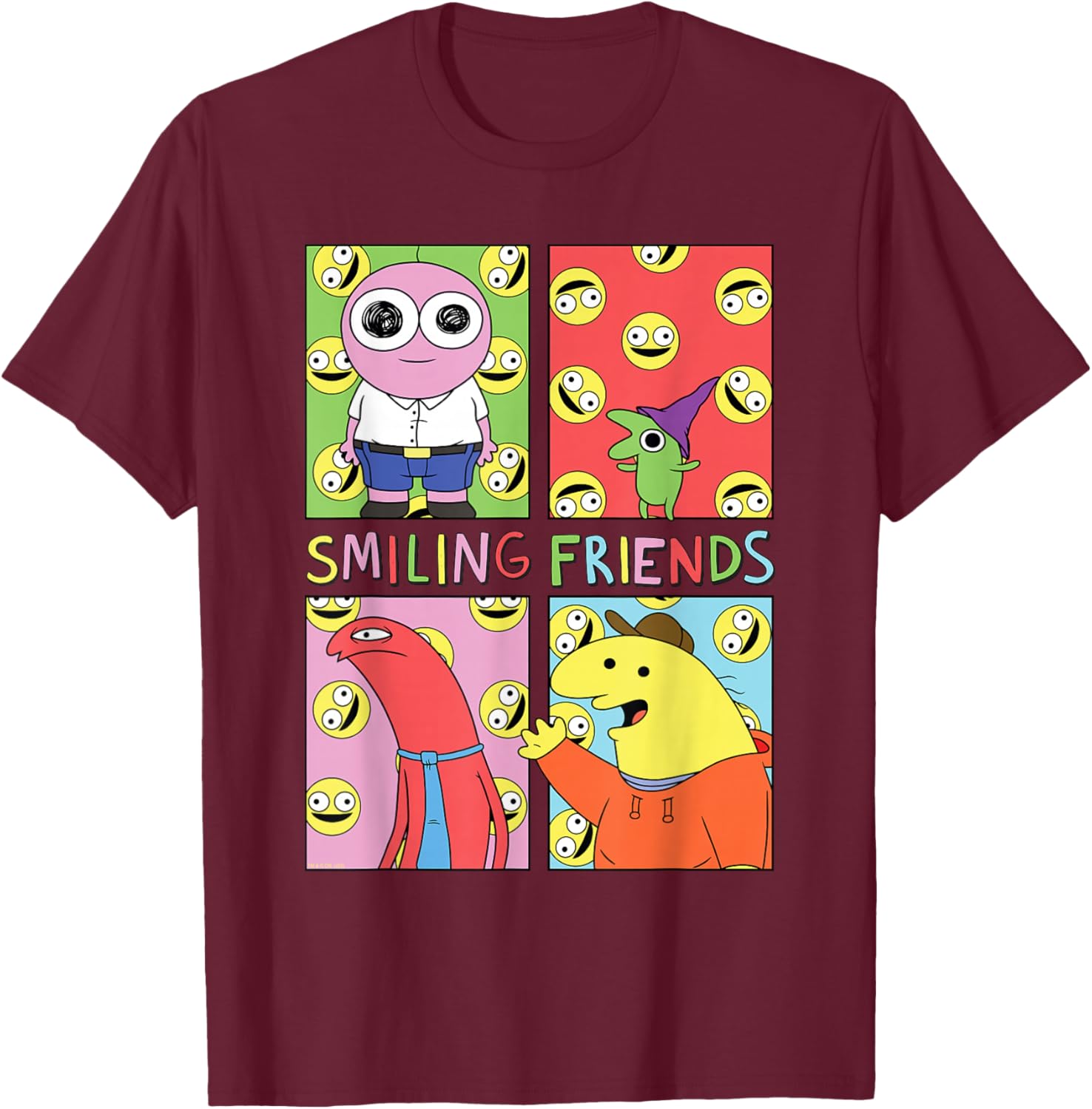 Smiling Friends Pop Art Character Grid Funny Cartoon T-Shirt - T-Shirt | Maroon