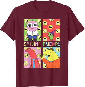Smiling Friends Pop Art Character Grid Funny Cartoon T-Shirt - T-Shirt | Maroon