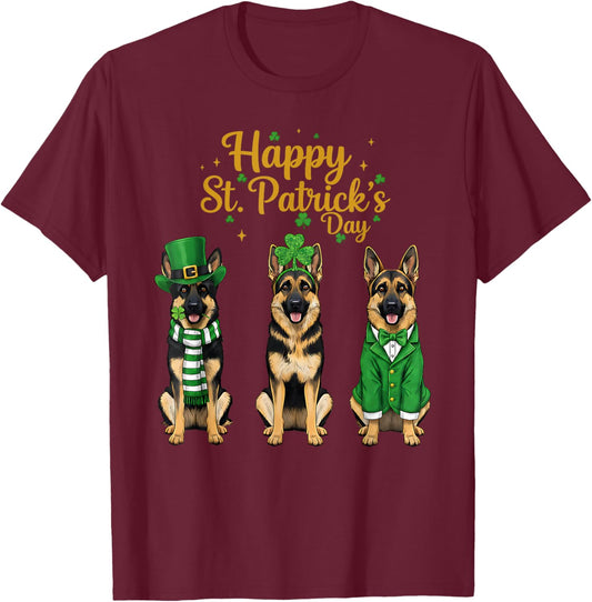 Happy St Patricks Day Shepherd Dog Graphic - German Shepherd T-Shirt - T-Shirt | Maroon