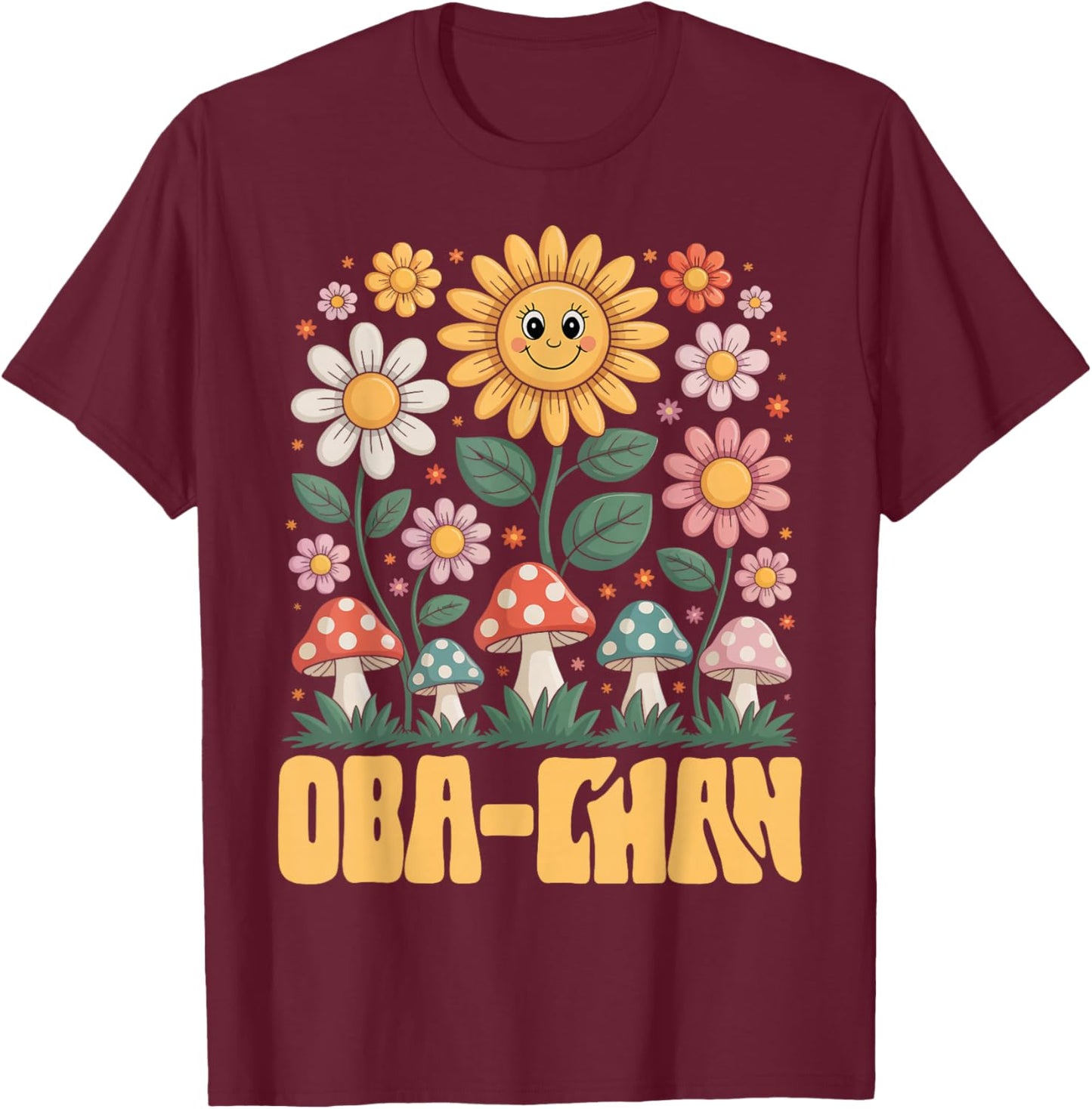 OBA-CHAN Mother’s Day Floral Sunflower Mushroom Style T-Shirt - T-Shirt | Maroon