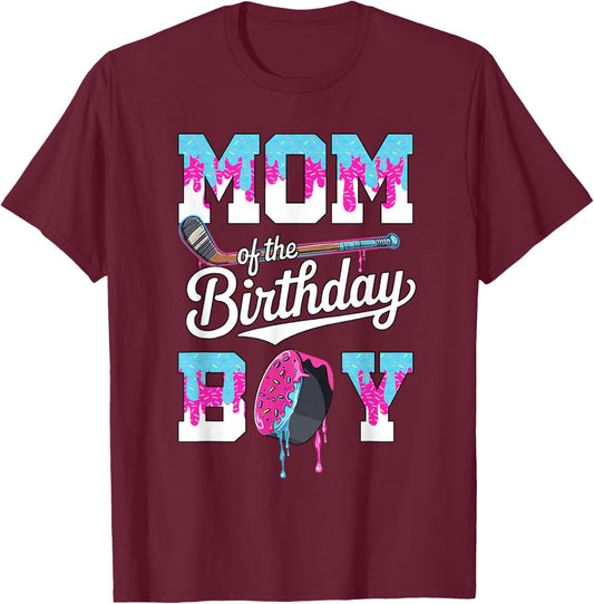 Mom of The Birthday Boy Hockey Ice Cream Drip Family T-Shirt - T-Shirt | Maroon