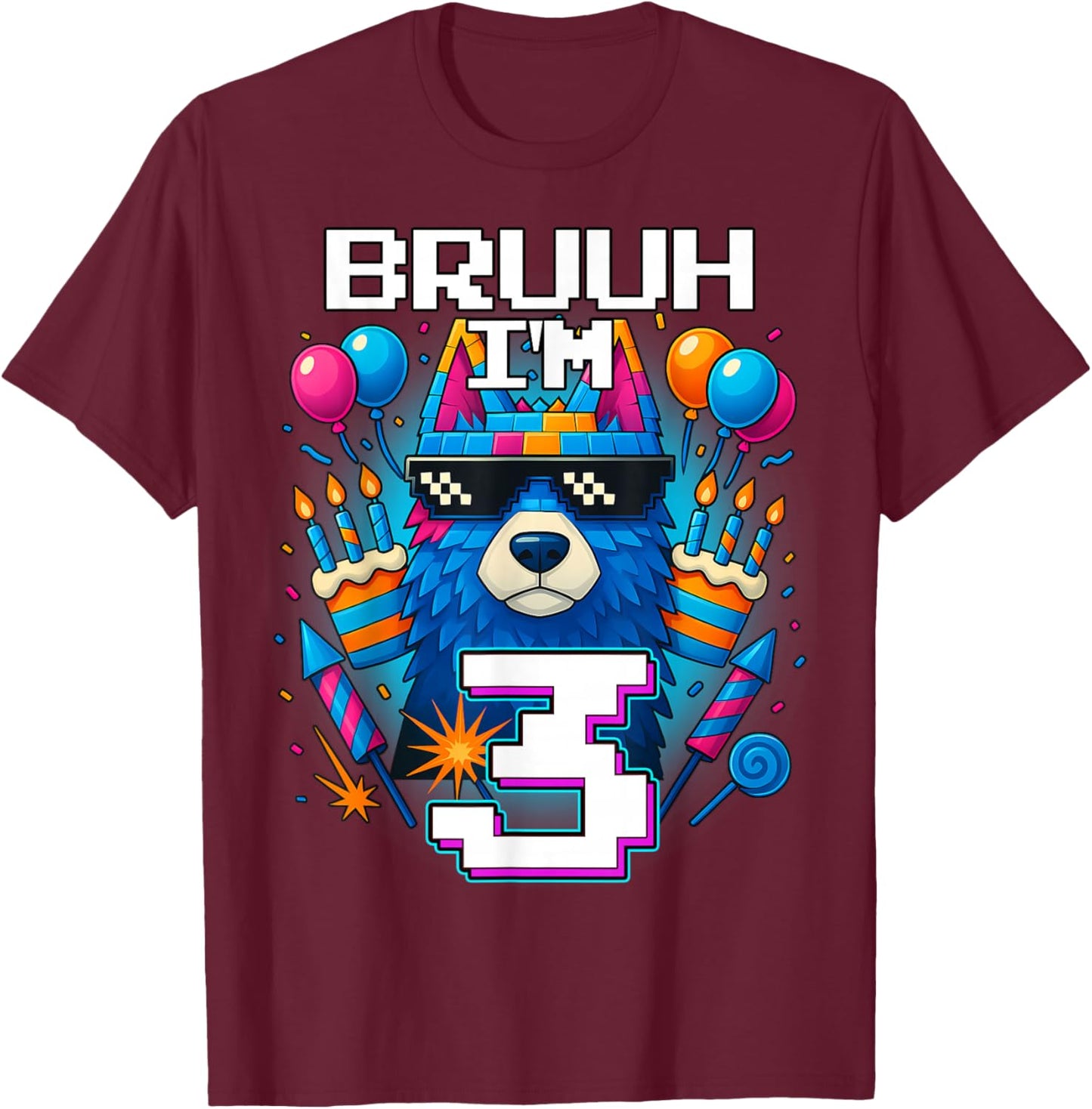 Bruh I'm 3 Years Old 3rd Birthday Wolf Boy Family Party T-Shirt - T-Shirt | Maroon