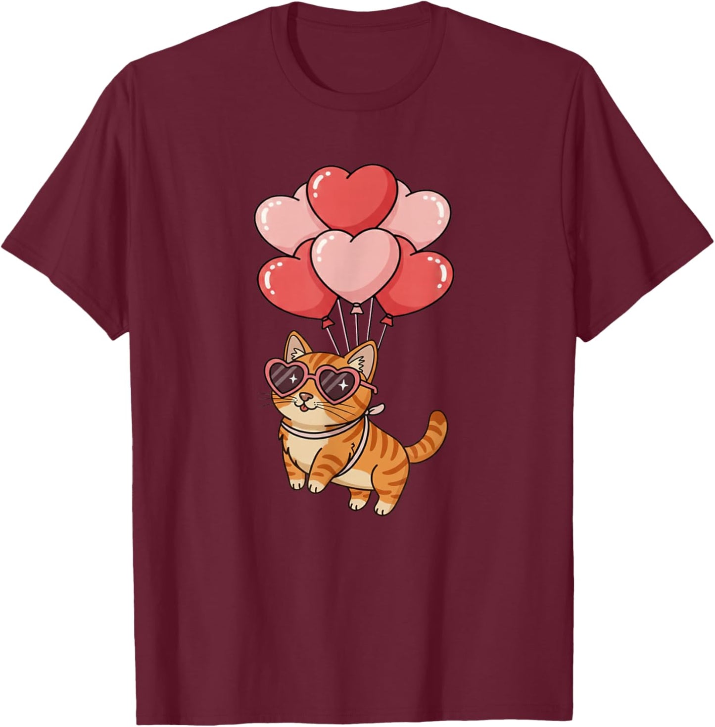Girls Valentines Day Heart Balloons Orange Tabby Cat T-Shirt - T-Shirt | Maroon