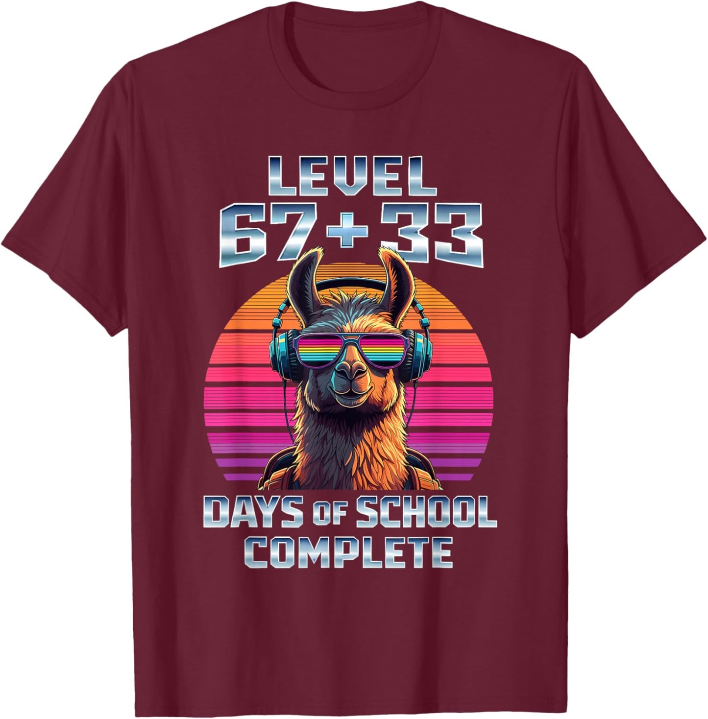 Level 67 33 Days of School 100th Day Funny Llama Boys Kids T-Shirt - T-Shirt | Maroon