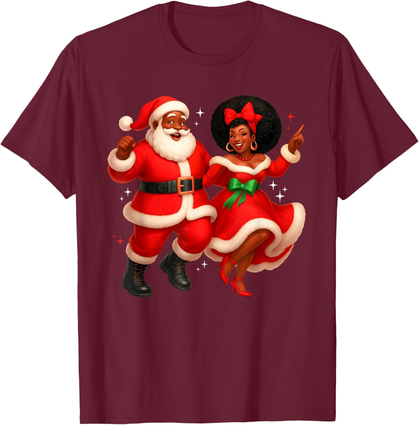 Dancing African Santa Mr Mrs Claus African American Xmas T-Shirt - T-Shirt | Maroon
