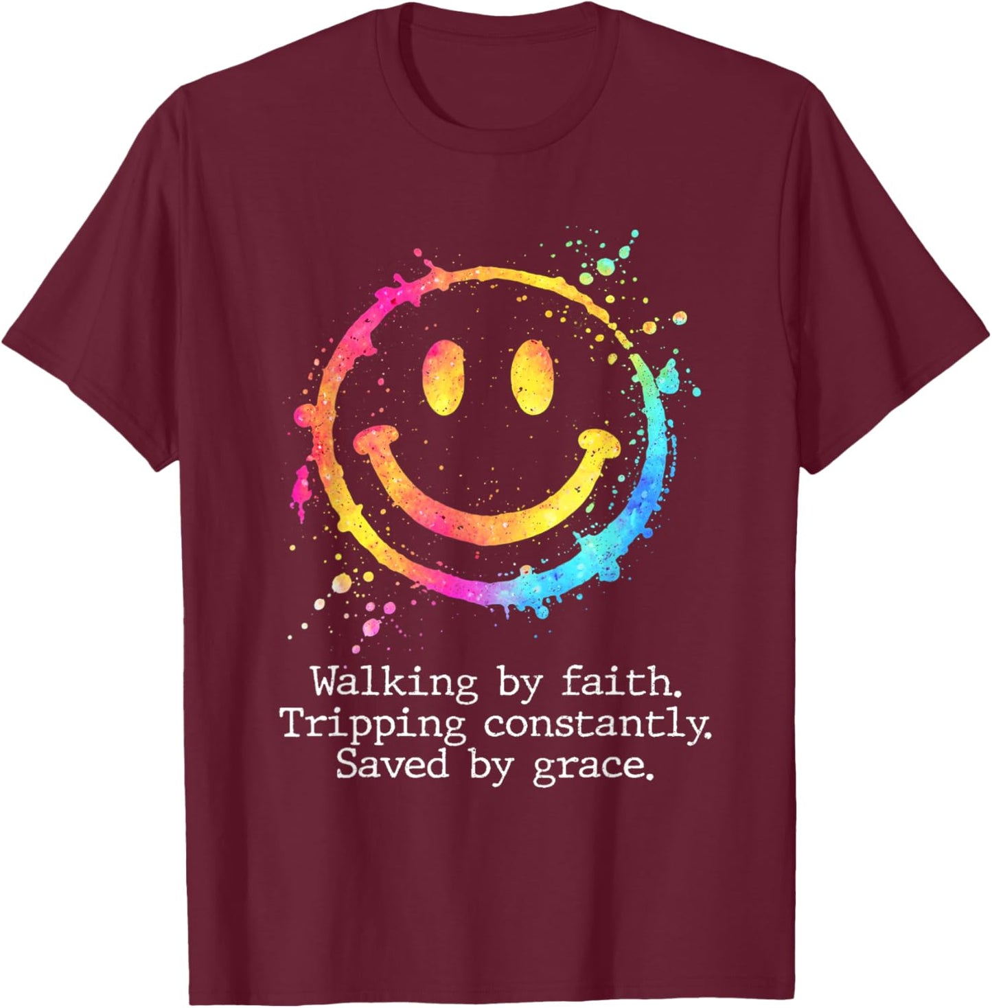Retro Walking by Faith Tripping Constantly Saved by Grace T-Shirt - T-Shirt | Maroon