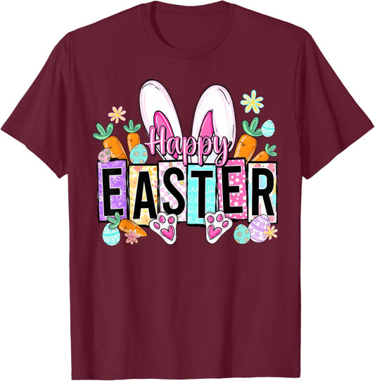 Happy Easter Bunny Ears Colorful Eggs Cute Women Kids T-Shirt - T-Shirt | Maroon