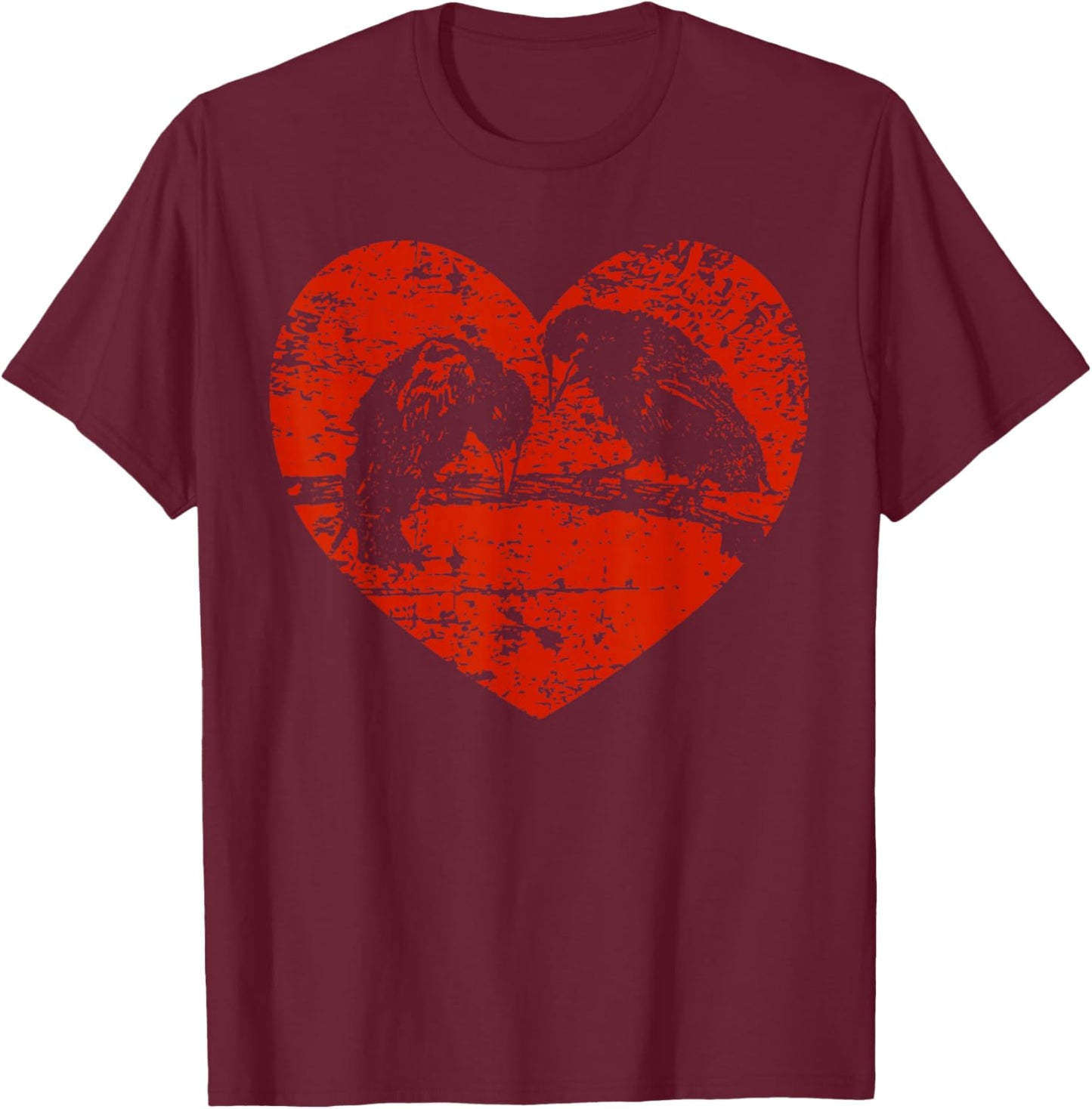 Vintage Valentines Day Graphic Novelty Crow Love Heart T-Shirt - T-Shirt | Maroon