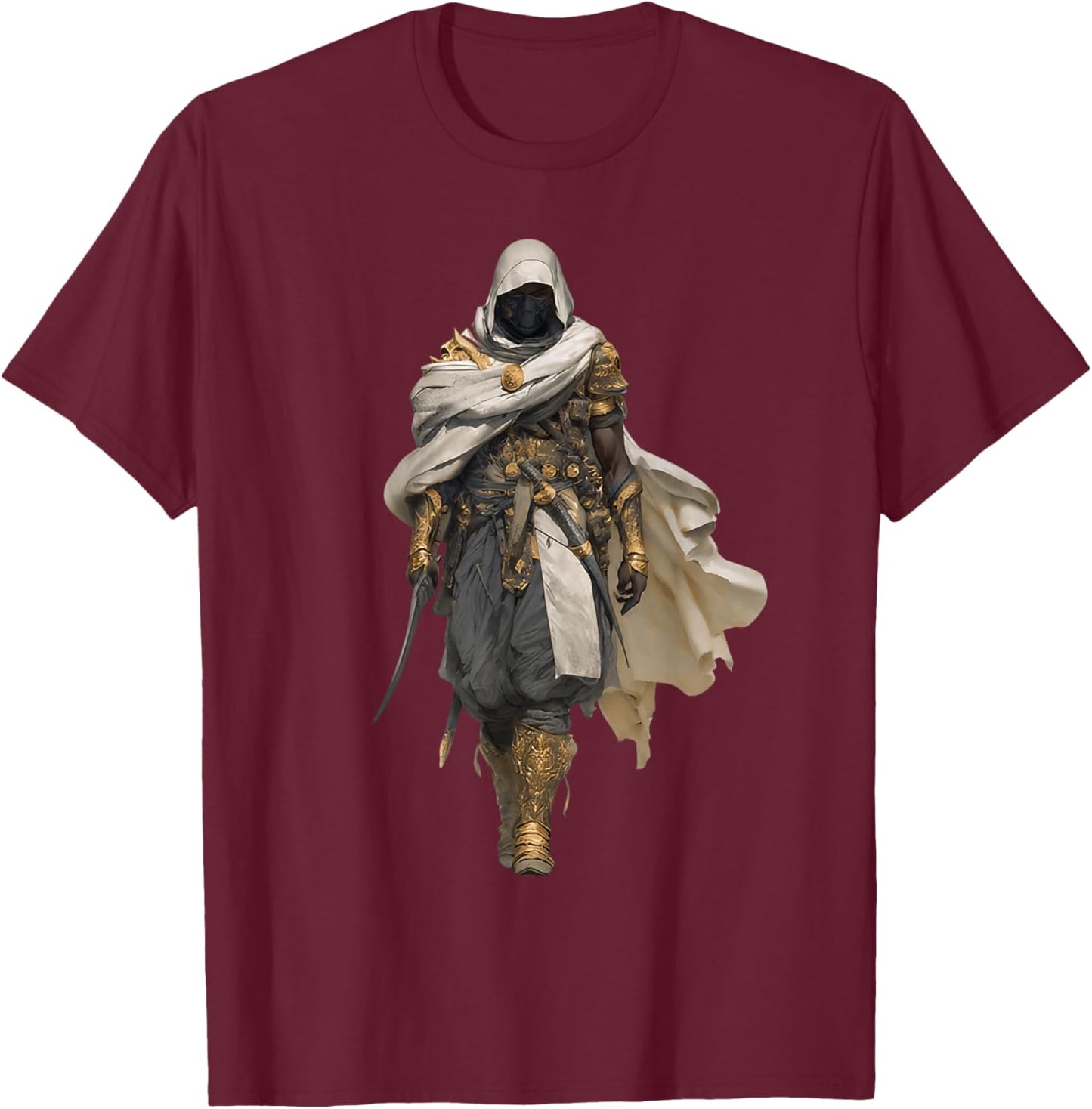 African Assassin Cloaked Desert Warrior White Cape Mythic T-Shirt - T-Shirt | Maroon