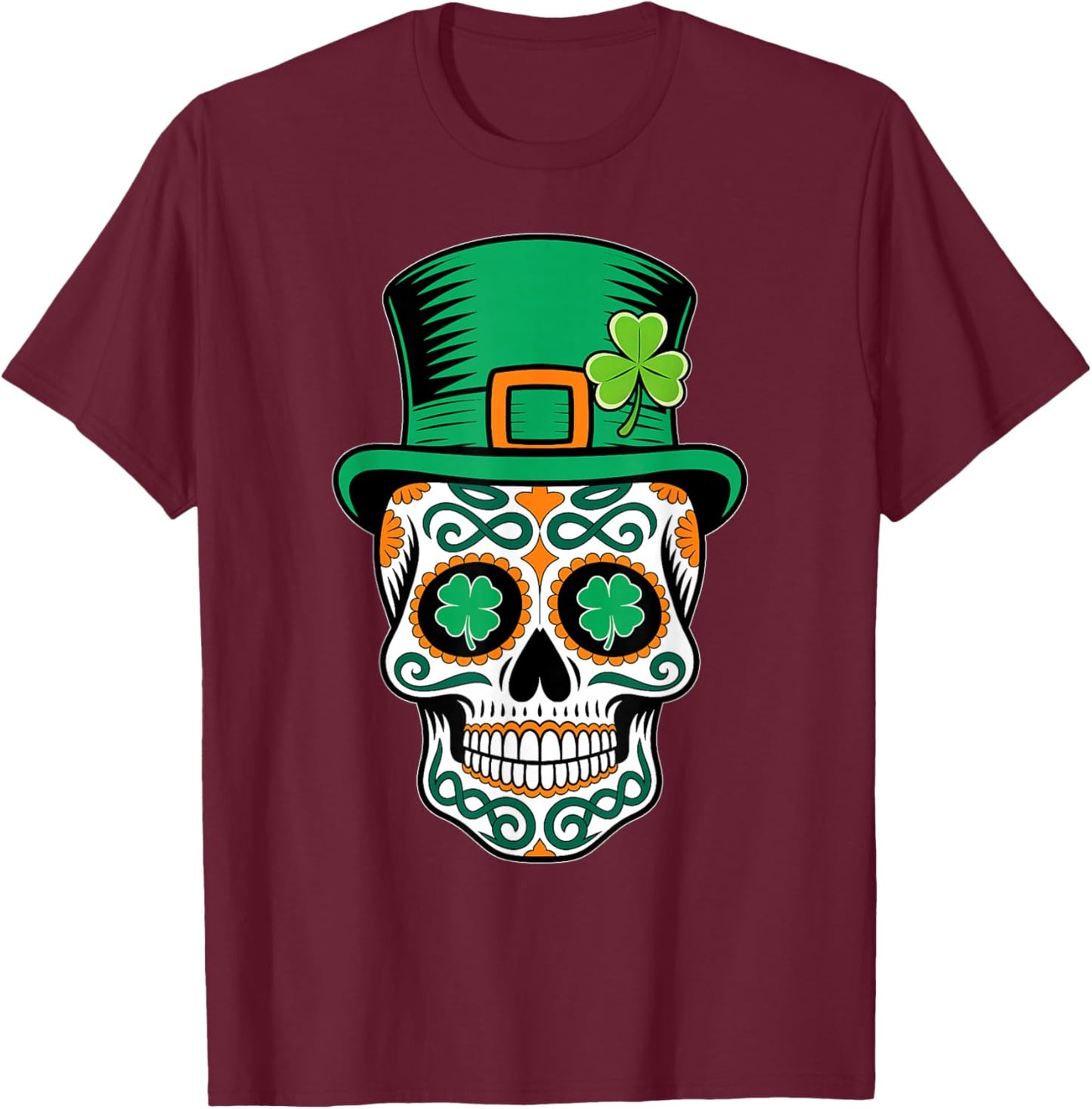 St Patricks Day Sugar Skull Saint Pattys Paddys Men Women T-Shirt - T-Shirt | Maroon