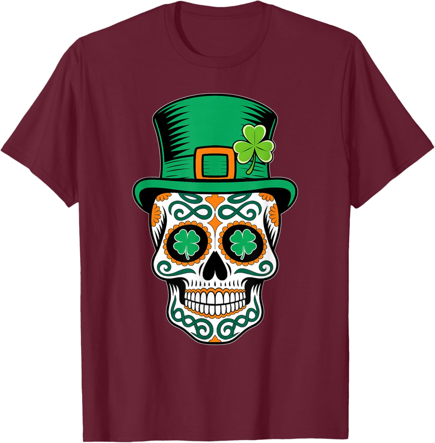 St Patricks Day Sugar Skull Saint Pattys Paddys Men Women T-Shirt - T-Shirt | Maroon
